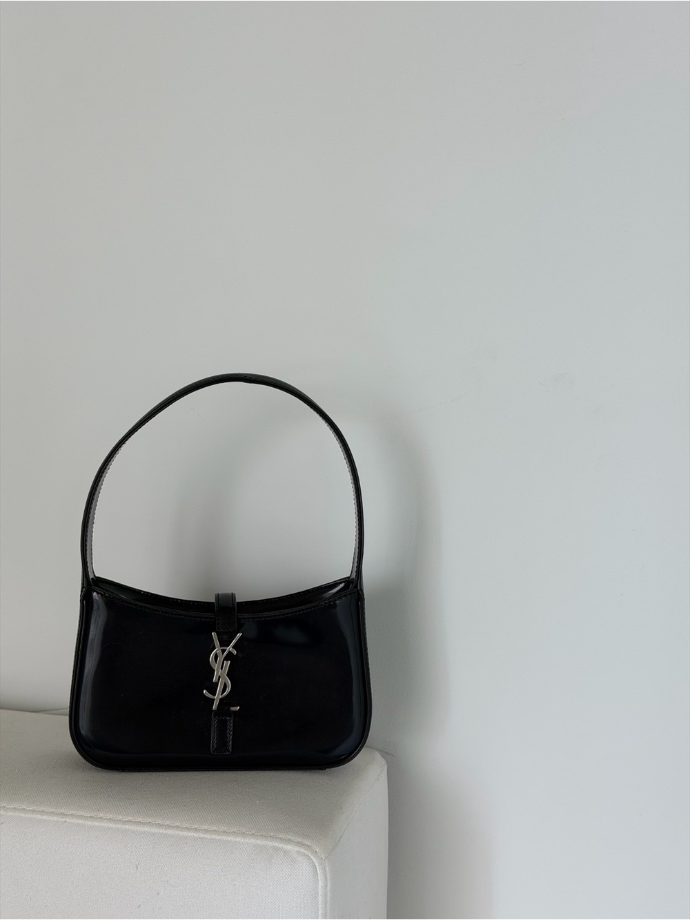 Saint Laurent Black Patent Shoulder Bag with Silver YSL Logo